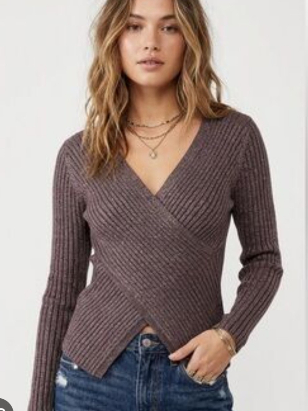 Heartloom Ribbed Faux Wrap V-Neck Metallic Sweater Size Medium